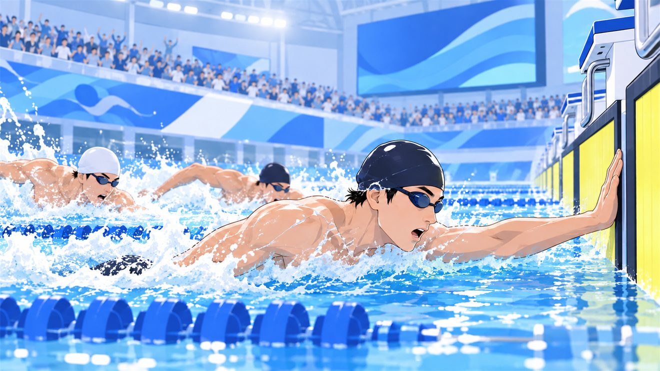 자유형 50m 결승에서 터치패드를 먼저 찍는 순간을 나타낸 개념 일러스트