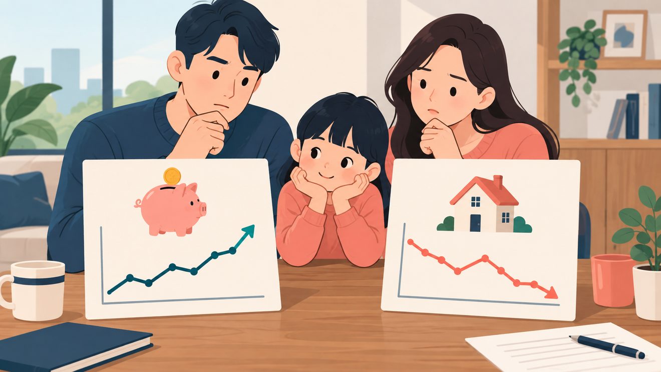 예금 금리와 대출 금리를 비교해 보는 가장의 개념 일러스트