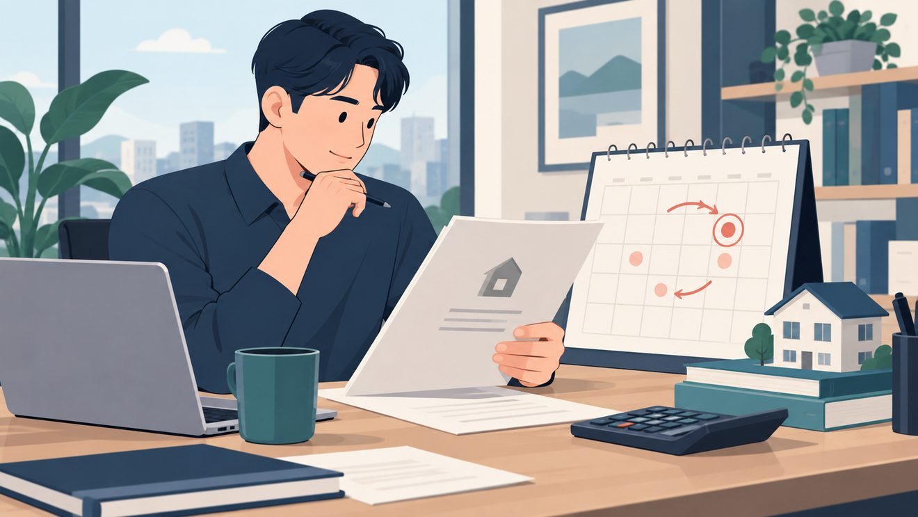 대출 약정서에서 금리 변동 주기를 확인하는 직장인 일러스트