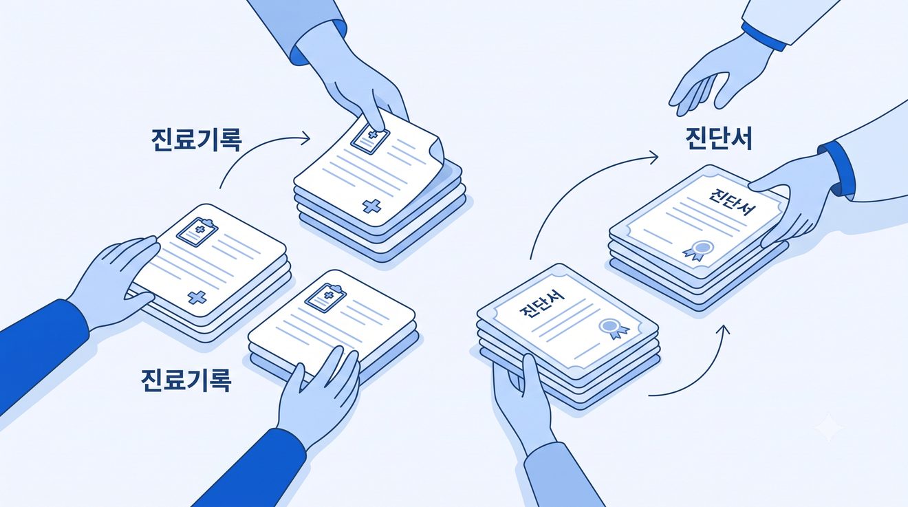 교통사고 피해자가 챙겨야 할 서류를 나타내는 개념 일러스트