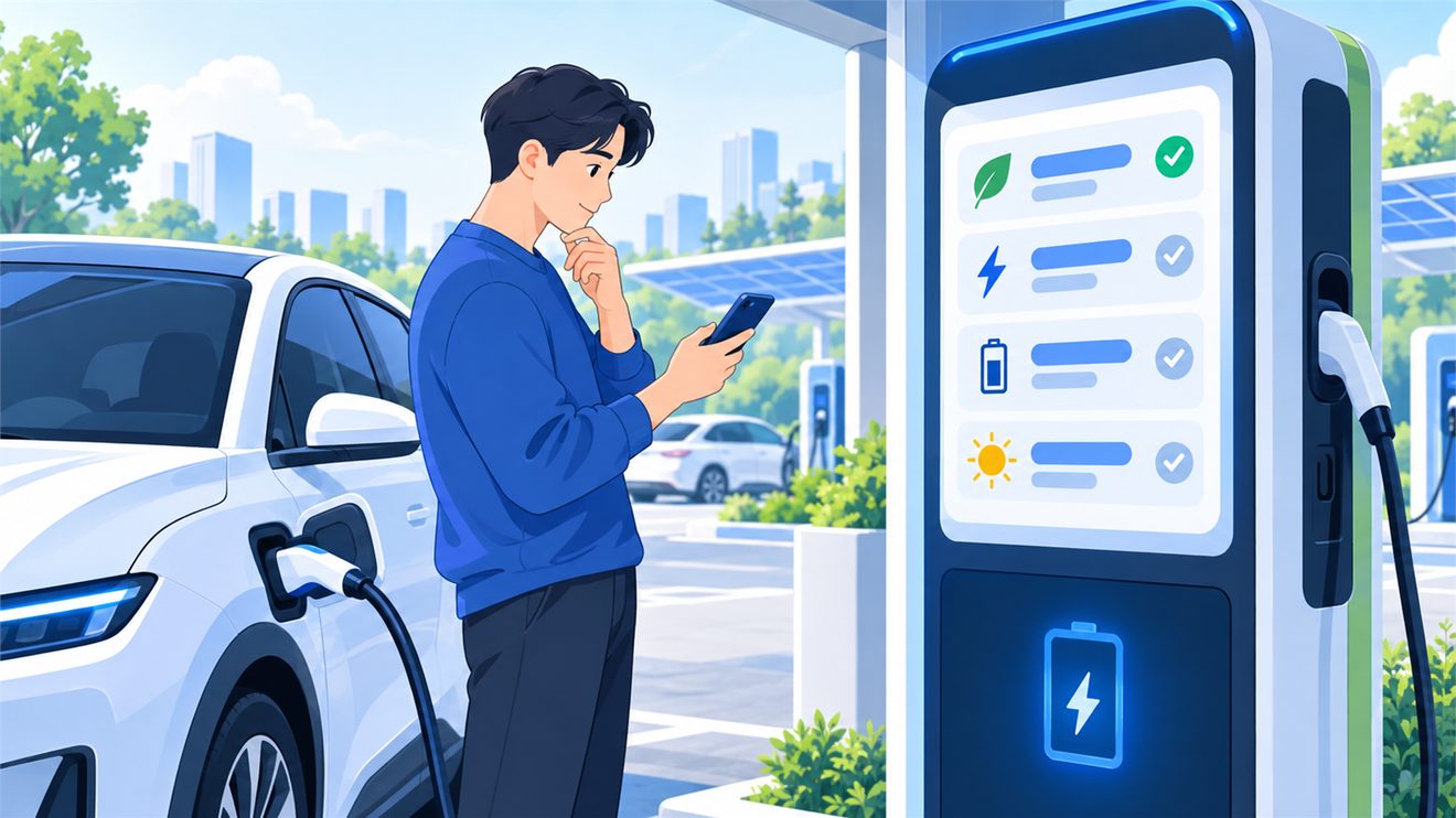 충전 전에 요금표와 할인 적용 여부를 확인하는 개념 일러스트