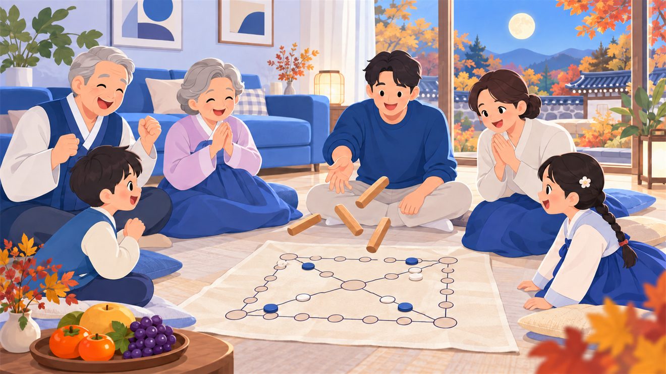 거실에서 윷놀이를 하는 가족을 나타낸 개념 일러스트