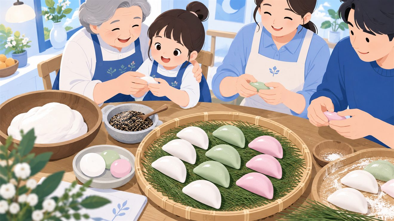 가족이 함께 송편을 빚는 모습을 나타낸 개념 일러스트