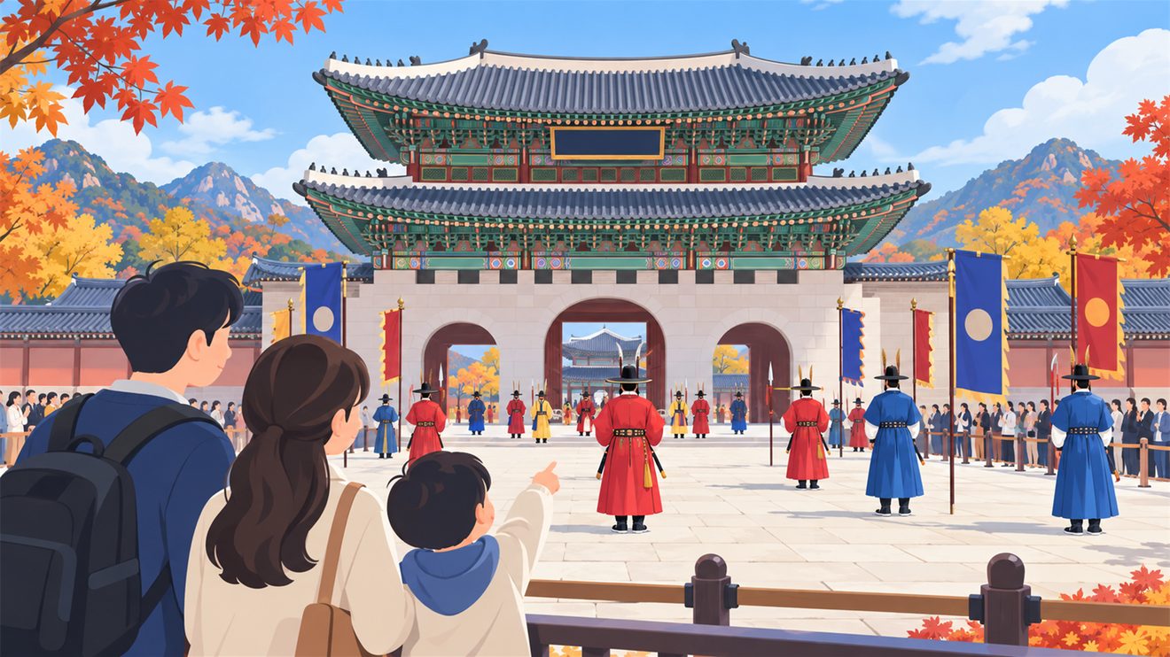 고궁에서 수문장 교대 의식을 구경하는 가족을 나타낸 개념 일러스트