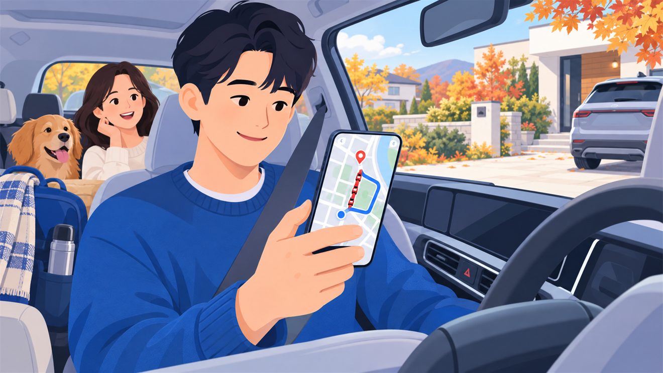 출발 전 교통정보를 확인하는 모습을 나타낸 개념 일러스트