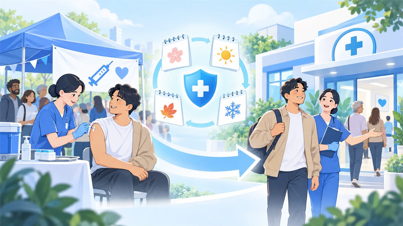 코로나19 예방접종이 임시예방접종에서 필수예방접종으로 전환된 것을 나타낸 개념 일러스트