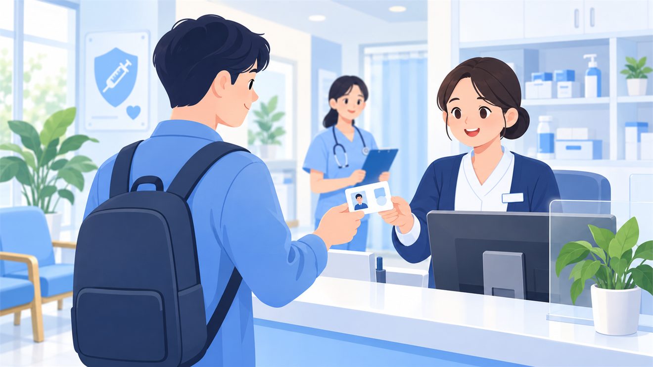 위탁의료기관에서 예방접종을 접수하는 모습을 나타낸 개념 일러스트