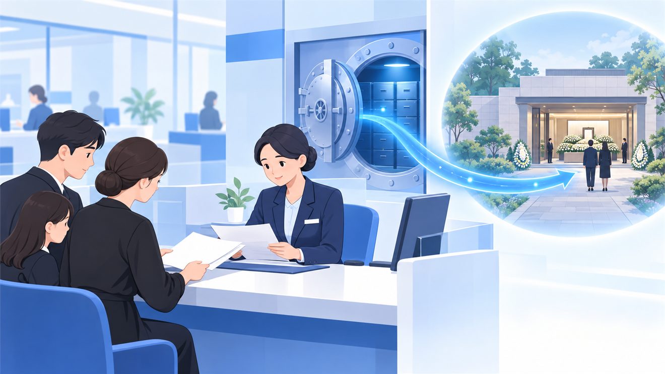 유가족이 서류를 제출하고 장례비가 장례식장으로 직접 이체되는 개념 일러스트