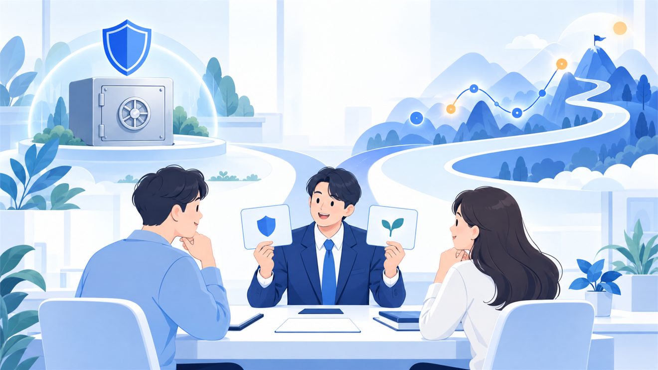 원금 지급이 보장되는 상품과 운용실적에 따라 달라지는 상품을 구분한 개념 일러스트
