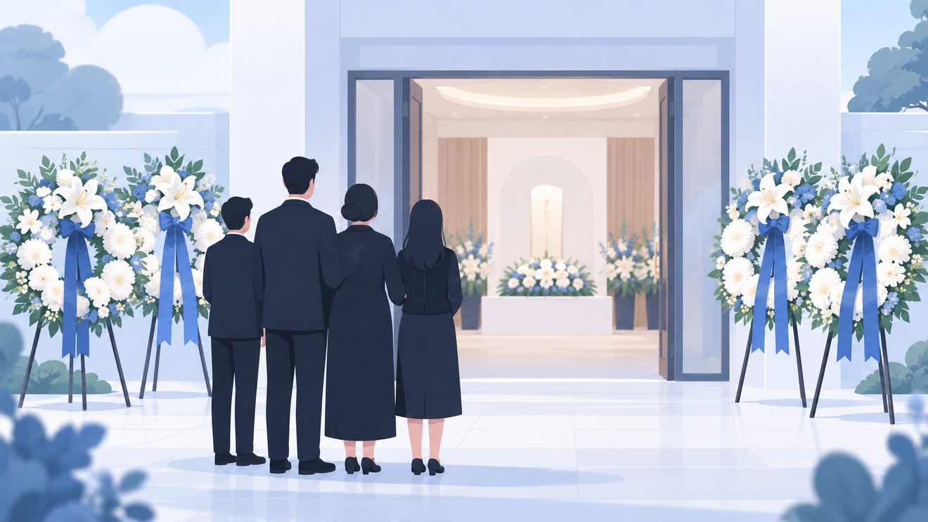 조문객이 보낸 화환의 소유권이 유족에게 있음을 나타낸 개념 일러스트