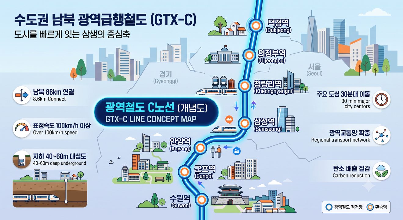 수도권을 남북으로 잇는 광역급행철도 노선을 나타낸 개념 일러스트