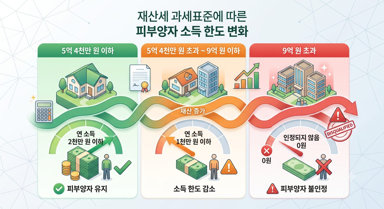 재산 구간에 따라 허용 소득이 달라지는 구조를 나타낸 개념 일러스트