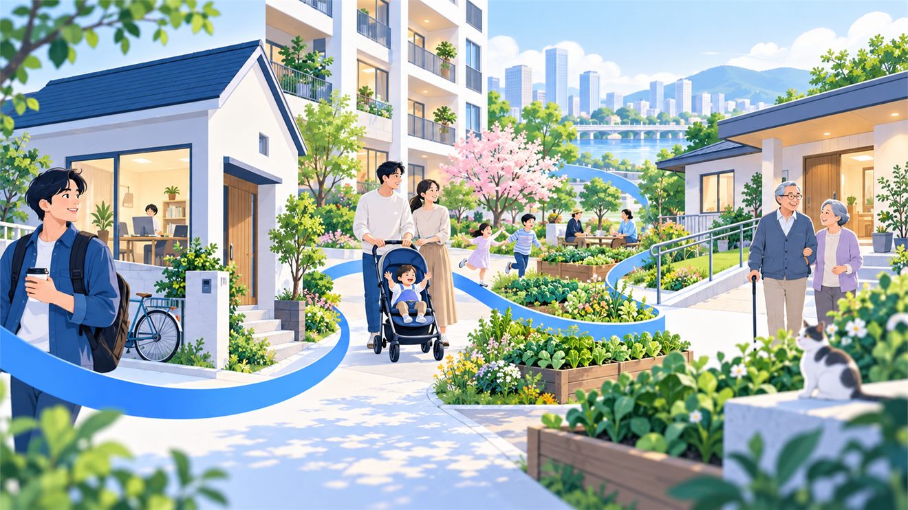 생애주기별로 필요한 주거 형태가 달라지는 것을 나타낸 개념 일러스트