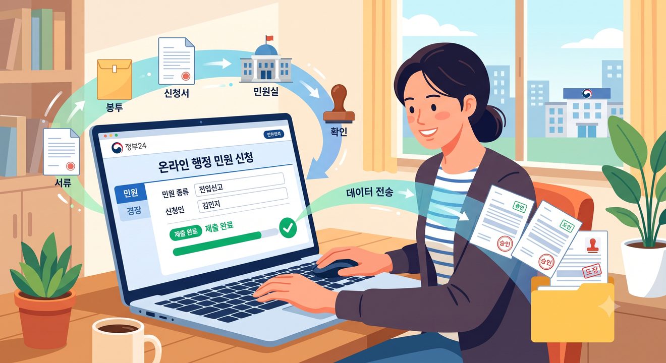 온라인으로 전입신고를 신청하는 과정을 나타낸 개념 일러스트