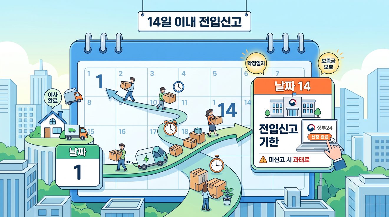 전입신고 14일 기한을 나타낸 개념 일러스트