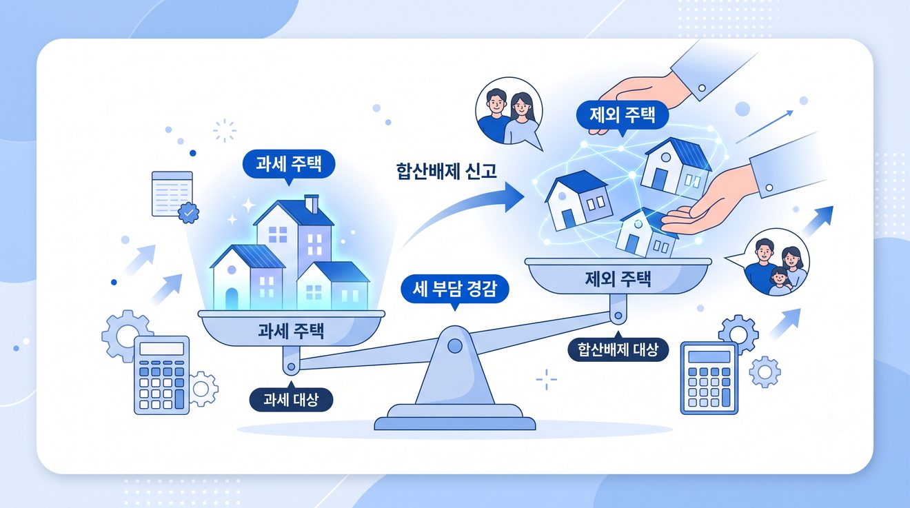 합산배제로 일부 주택이 종합부동산세 과세 대상에서 제외되는 개념 일러스트