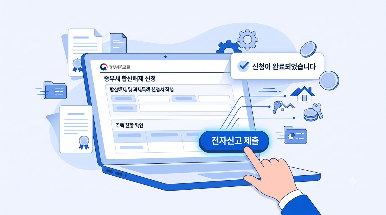 홈택스로 합산배제를 전자신고하는 개념 일러스트