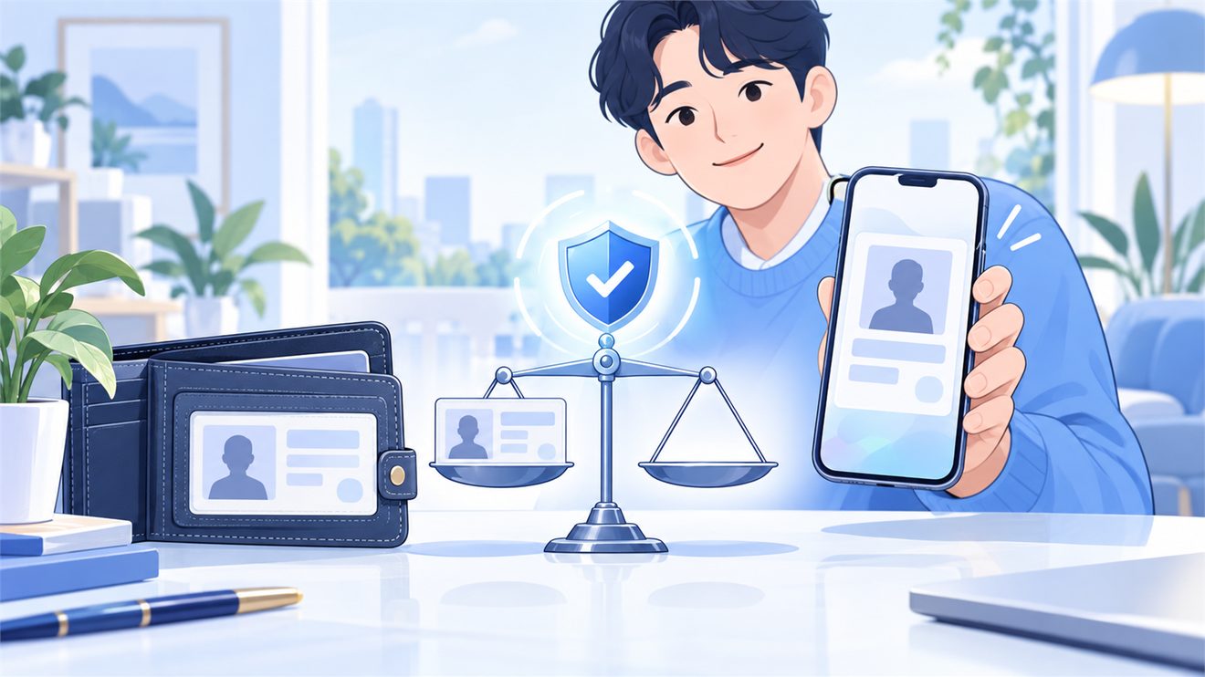 모바일 신분증이 실물 신분증과 동일한 효력을 갖는 것을 나타낸 개념 일러스트
