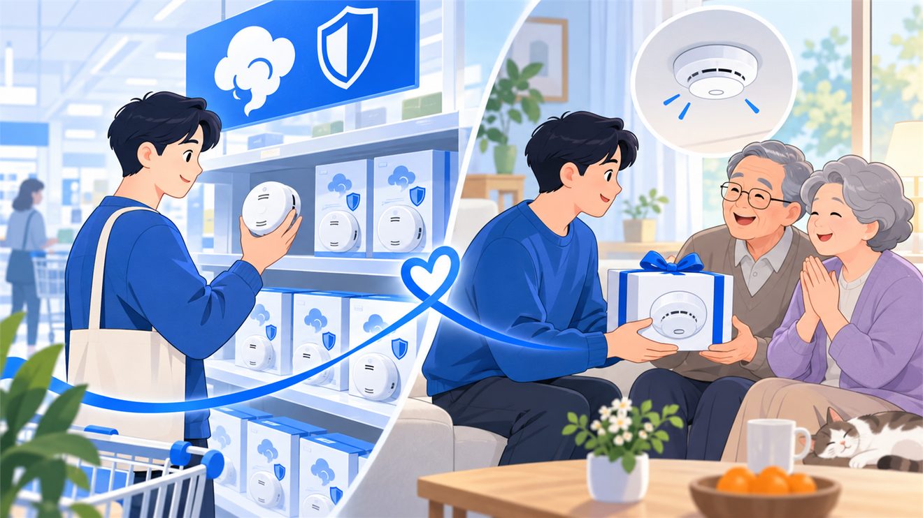연기감지기를 마트에서 사서 부모님 댁에 선물하는 개념 일러스트
