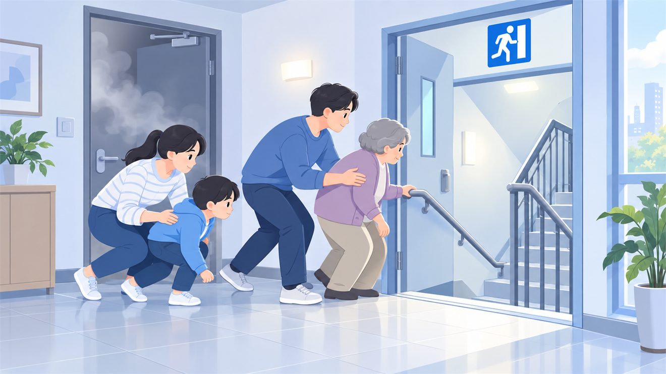 화재 시 노인 가족과 함께 비상구로 대피하는 개념 일러스트