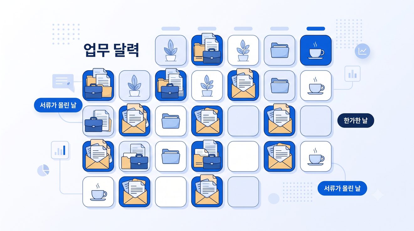 업무가 몰리는 시기에 초과근무가 쌓이는 방식 변화를 나타내는 개념 일러스트