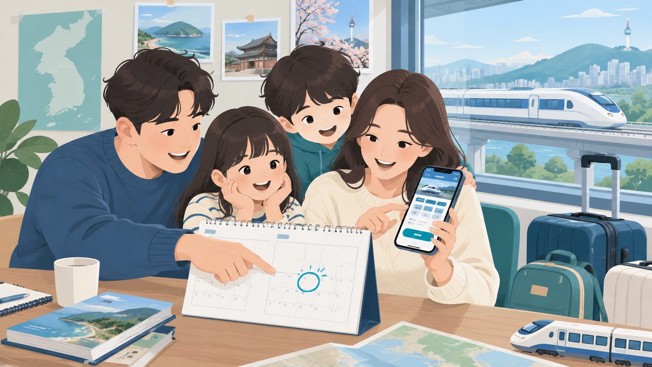 달력에 두 달 뒤 기차 여행 날짜를 표시하는 가족 개념 일러스트