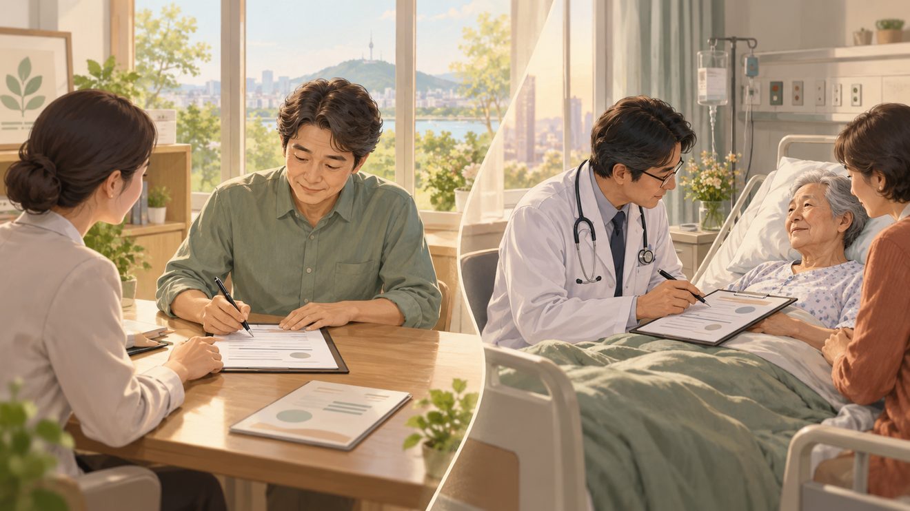 사전연명의료의향서와 연명의료계획서의 작성 주체와 시점 차이를 나타낸 개념 삽화