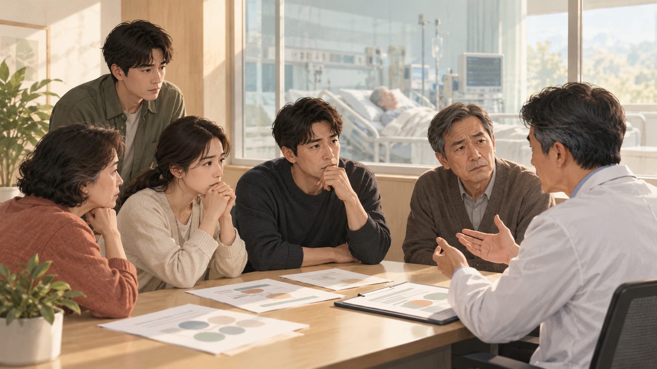 환자 의사를 확인할 문서가 없을 때 가족이 진술하거나 합의하는 개념 삽화