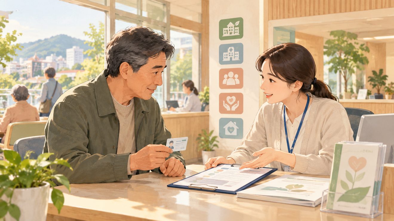 등록기관에 신분증을 가지고 방문해 설명을 듣고 의향서를 작성하는 개념 삽화