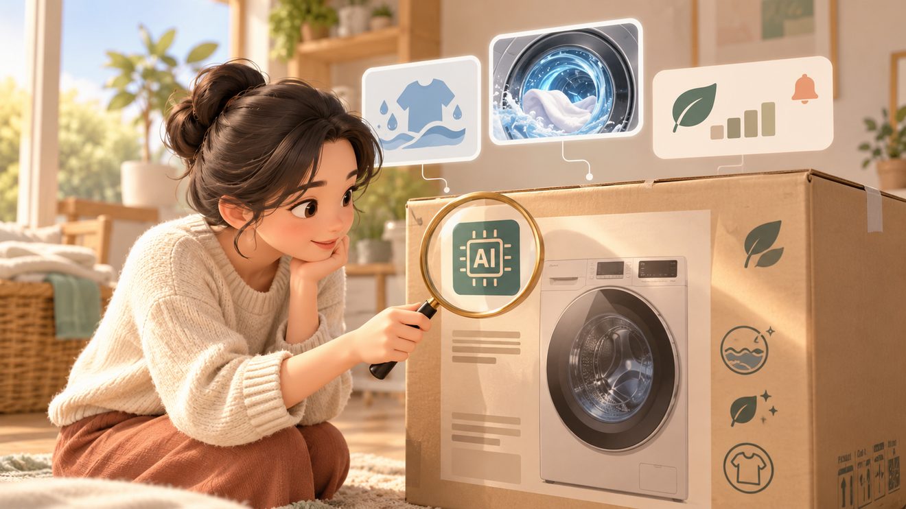 가전 제품명의 AI 표시가 주된 기능과 연결되는지 확인하는 개념 삽화