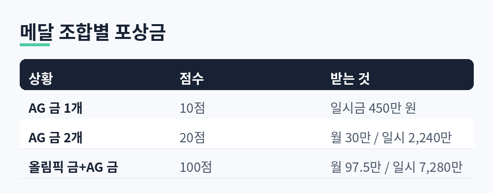 메달 조합별 누적 점수와 월정금·일시금 계산표