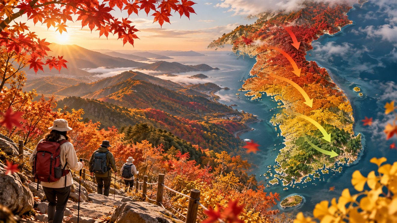 단풍이 북쪽 산지에서 남쪽으로 내려오는 흐름을 나타낸 개념 삽화