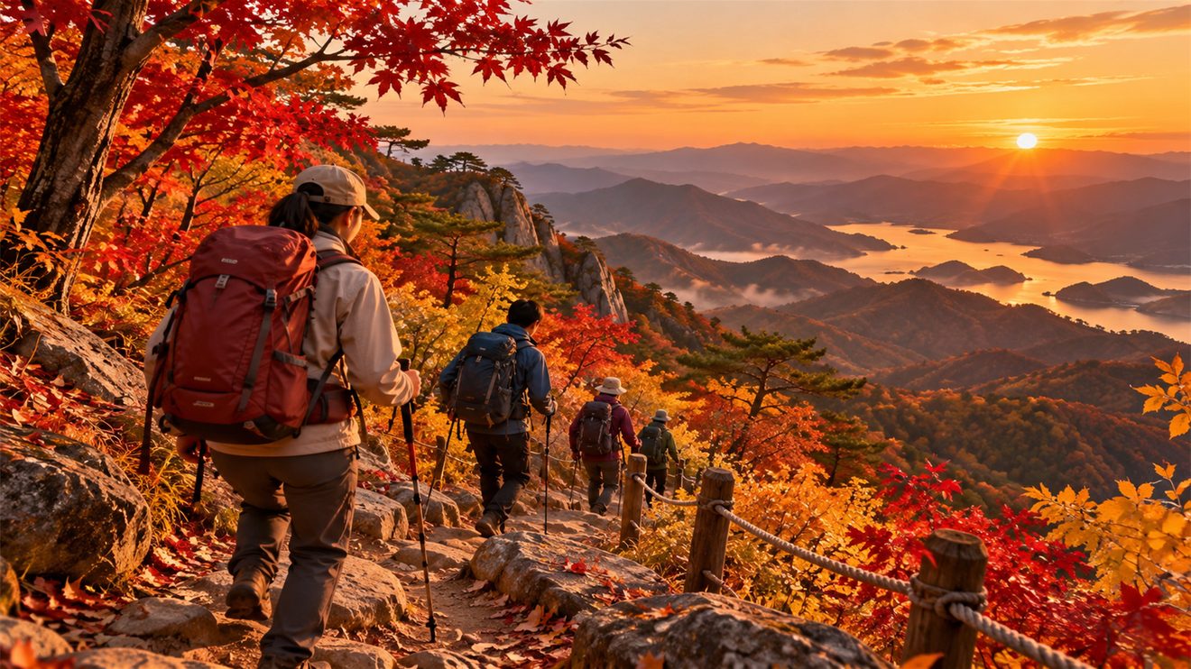 일몰 전에 하산하는 등산객을 나타낸 개념 삽화