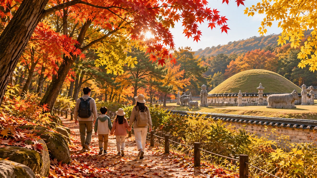 단풍이 든 조선왕릉 숲길을 걷는 가족 개념 삽화
