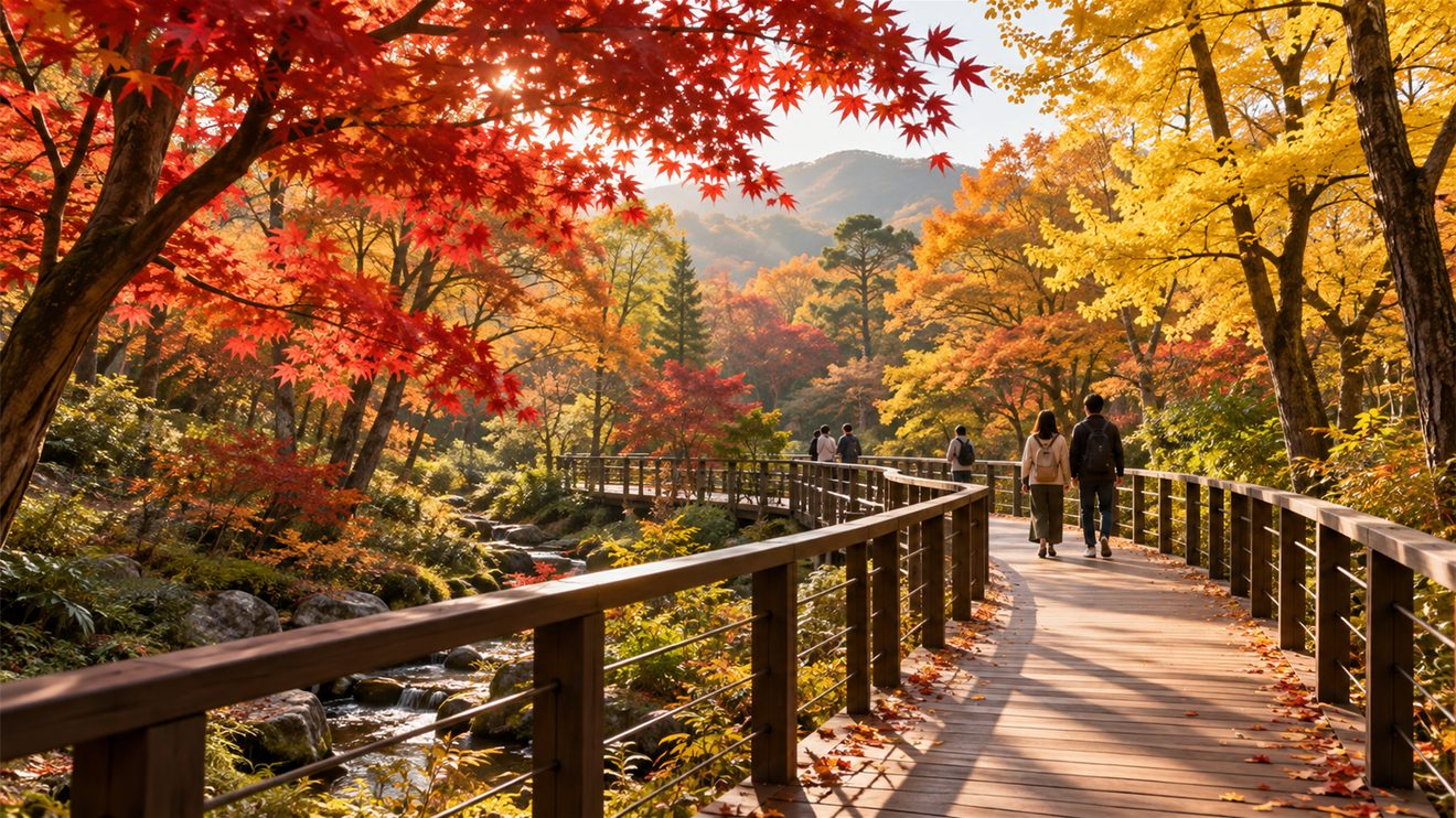 단풍 든 수목원 데크길 개념 삽화