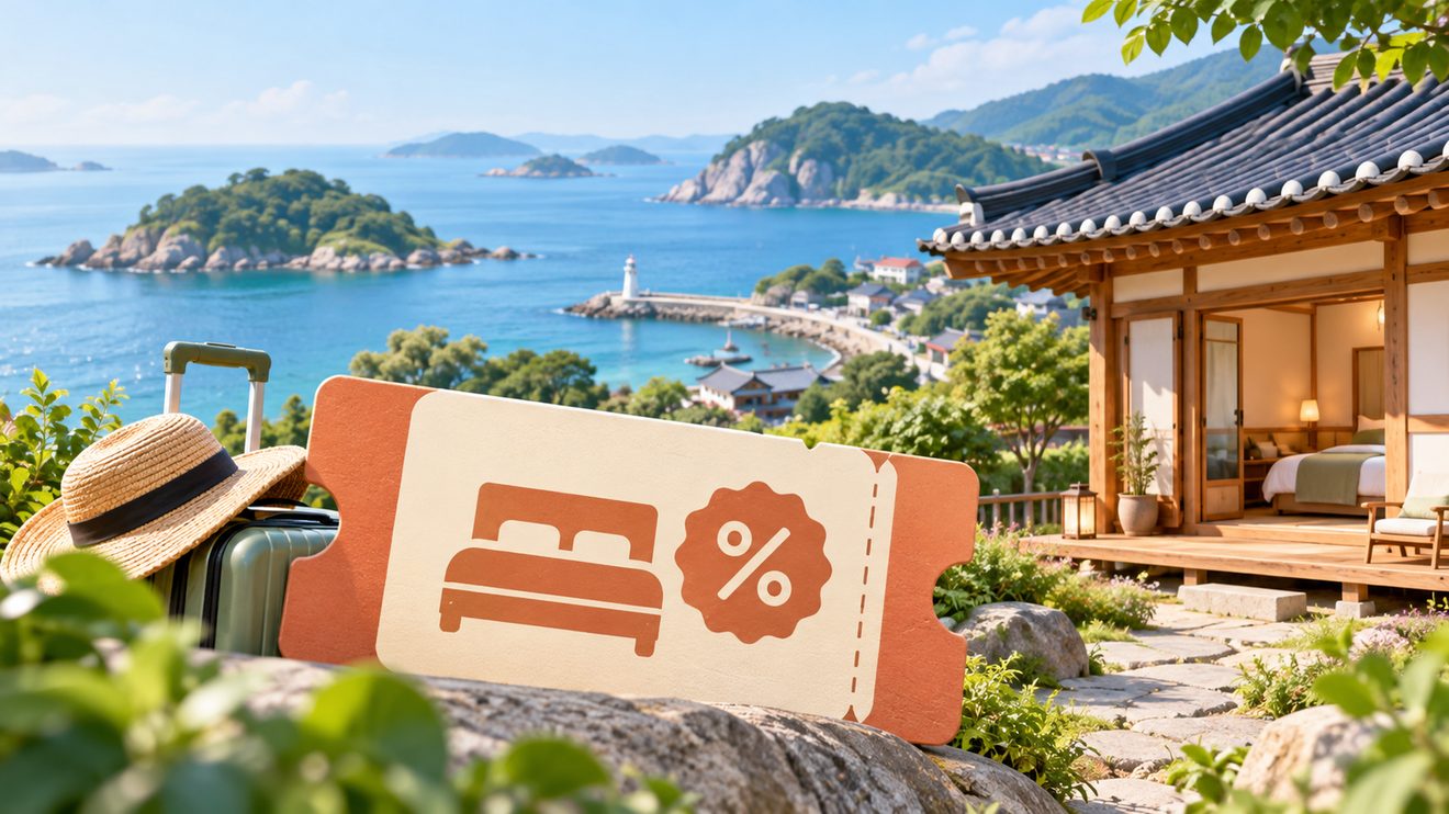 비수도권과 섬 지역 숙박 할인권을 나타낸 개념 삽화