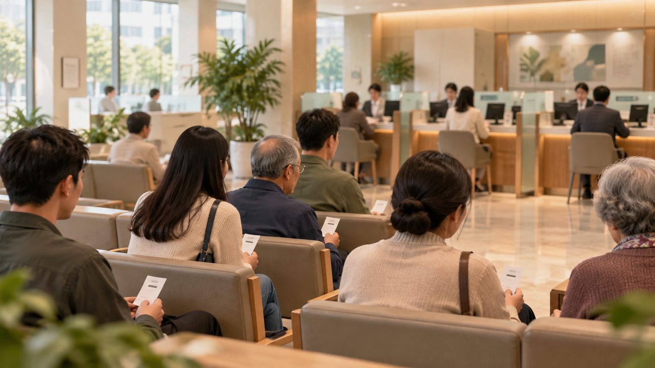 은행 창구 대기가 길어진 모습을 나타낸 개념 삽화