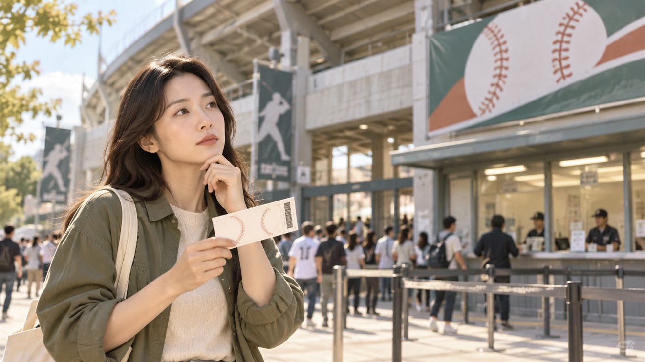 야구장 입장권을 들고 양도해도 되는지 고민하는 관람객 개념 삽화
