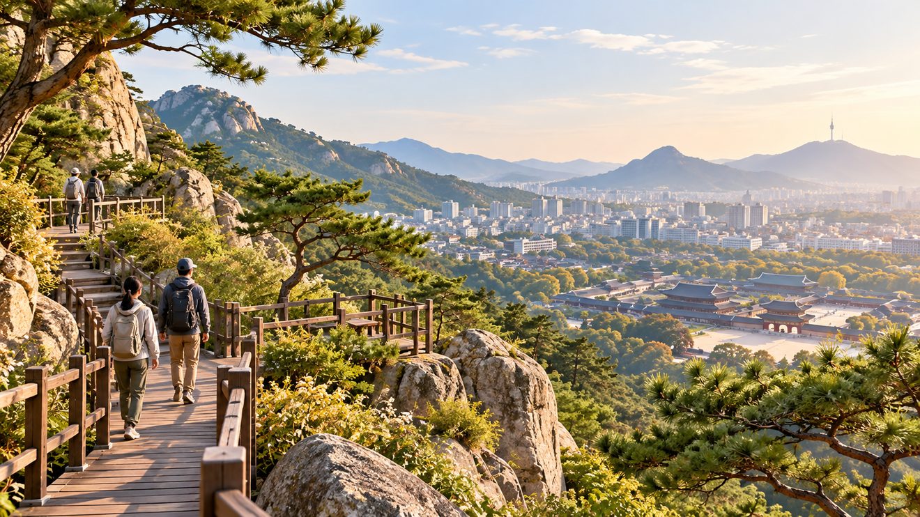 백악산 남서자락 탐방로와 도심 조망을 나타낸 개념 삽화
