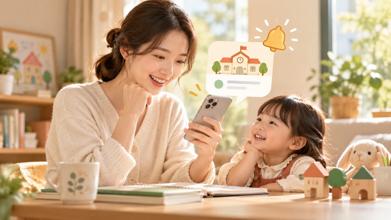 보호자가 휴대전화로 입소·입학 신청 일정 알림을 받는 개념 삽화