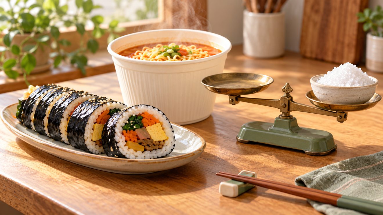 김밥과 컵라면을 함께 먹을 때의 나트륨 부담을 나타낸 개념 삽화