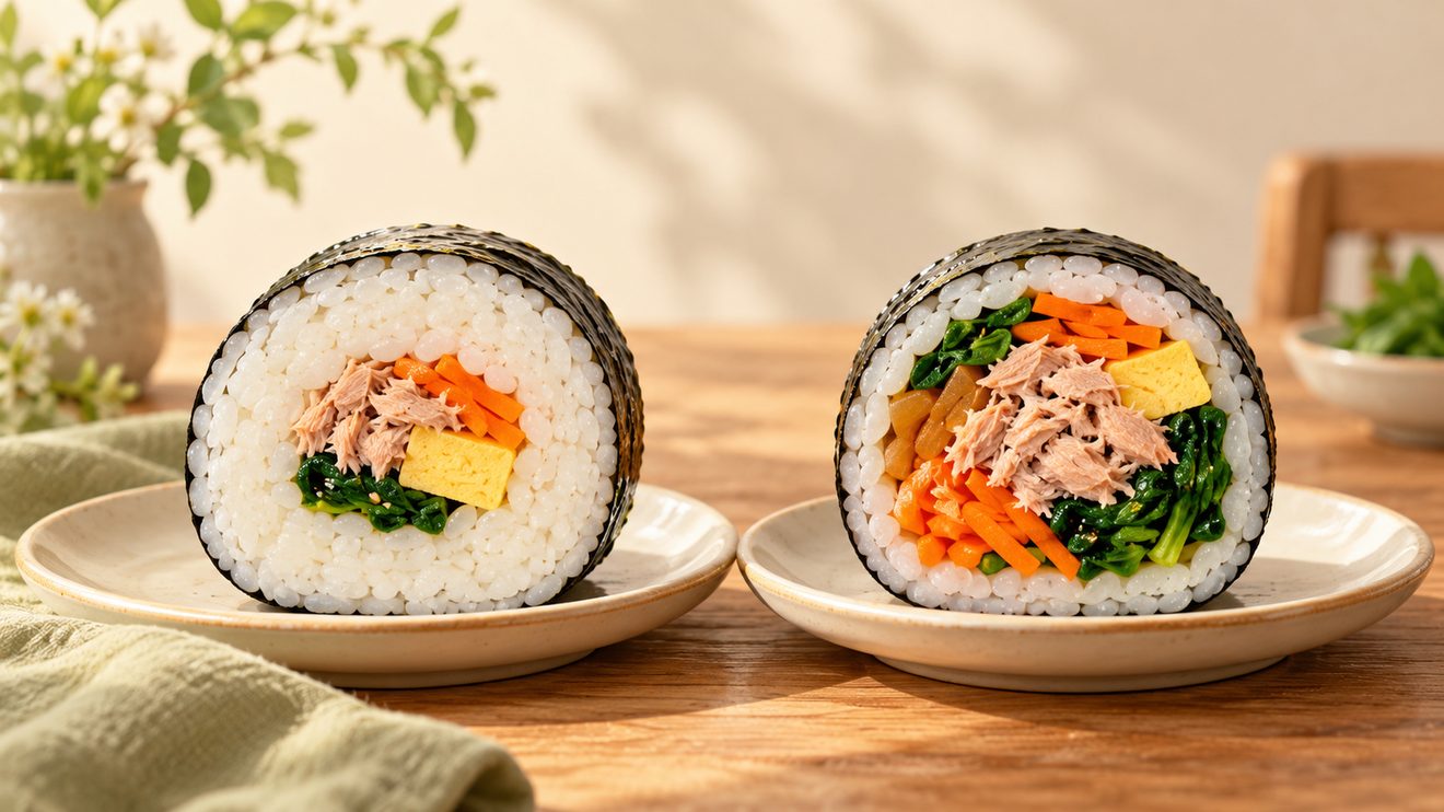 김밥 단면의 밥과 속재료 비율 차이를 나타낸 개념 삽화