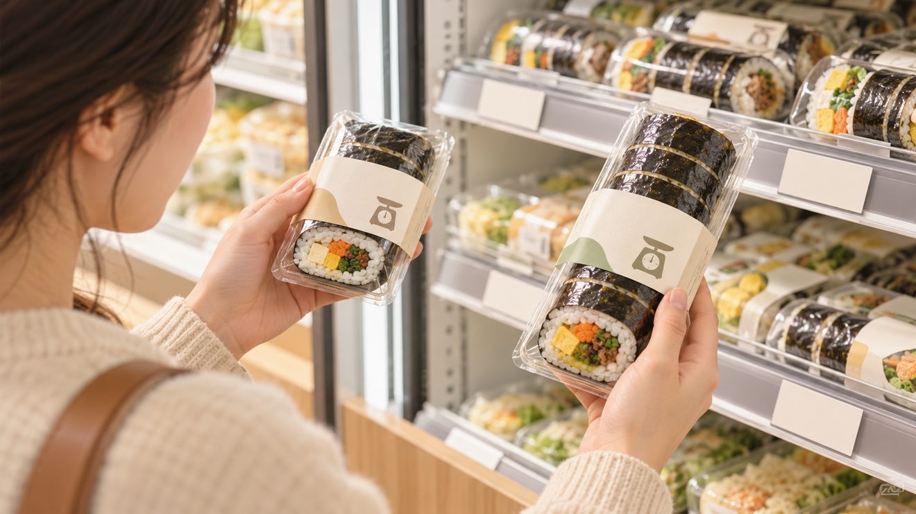 김밥 가격과 중량을 함께 비교하는 개념 삽화