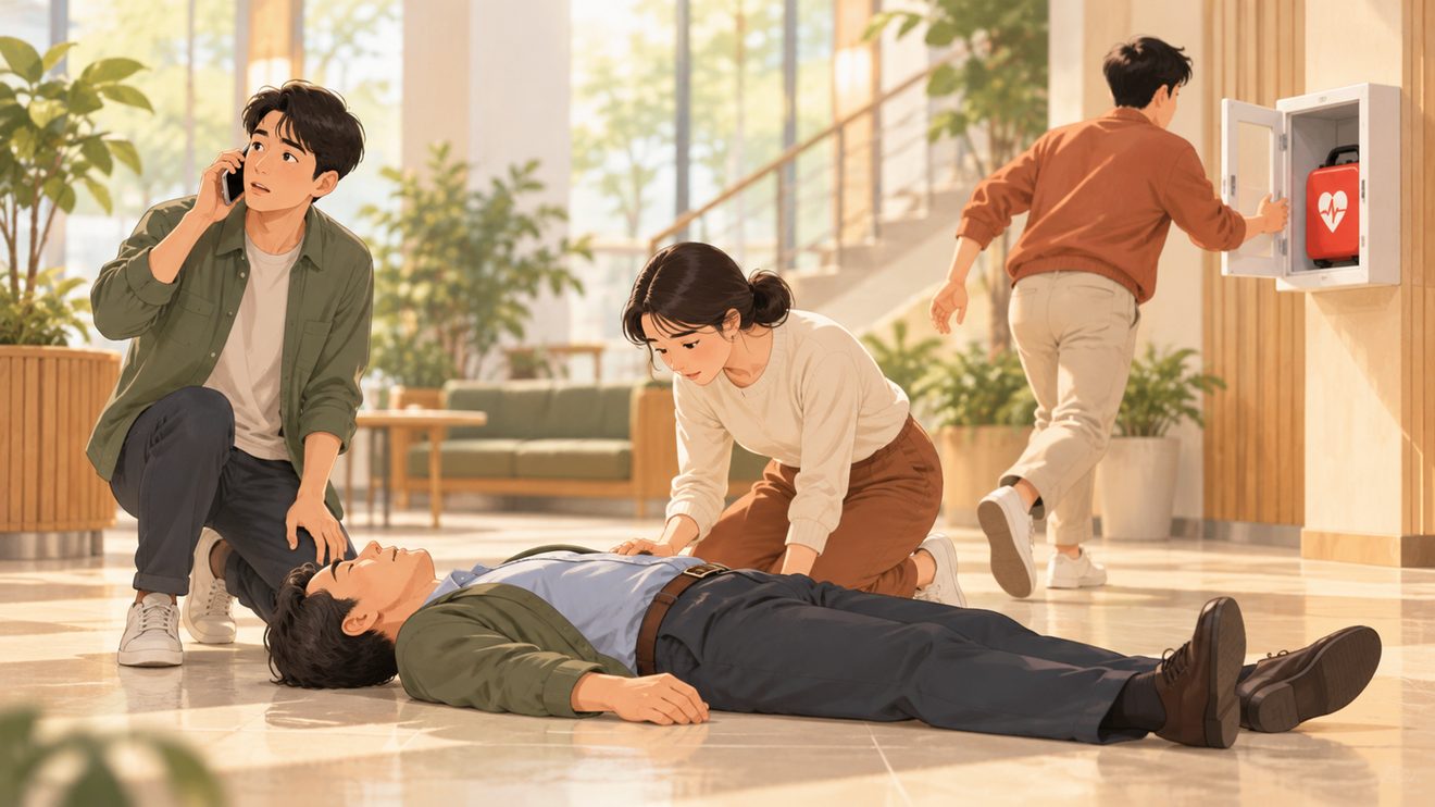 심정지 목격 시 역할을 나눠 신고와 자동심장충격기 요청을 하는 개념 삽화