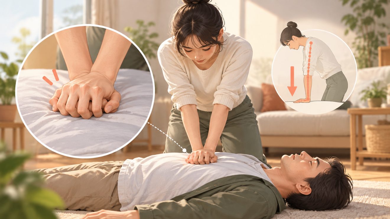 가슴 중앙을 깍지 낀 손으로 압박하는 자세를 나타낸 개념 삽화