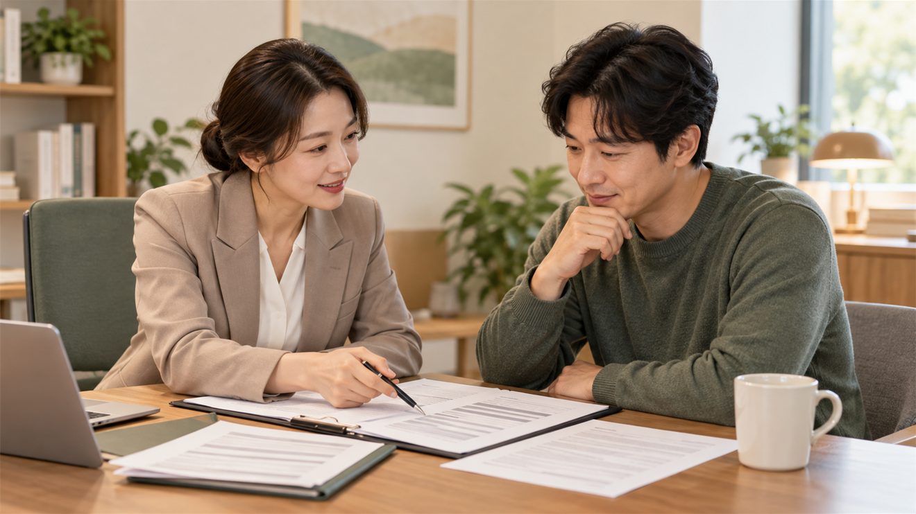 채무조정 상담 창구에서 상환 계획을 상의하는 모습의 개념 삽화