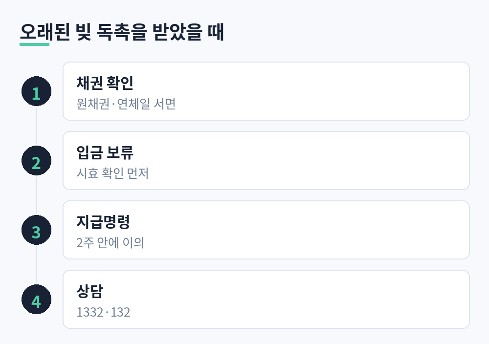 오래된 빚 독촉을 받았을 때 채권 확인, 입금 보류, 지급명령 이의신청, 상담 순서로 대응하는 4단계