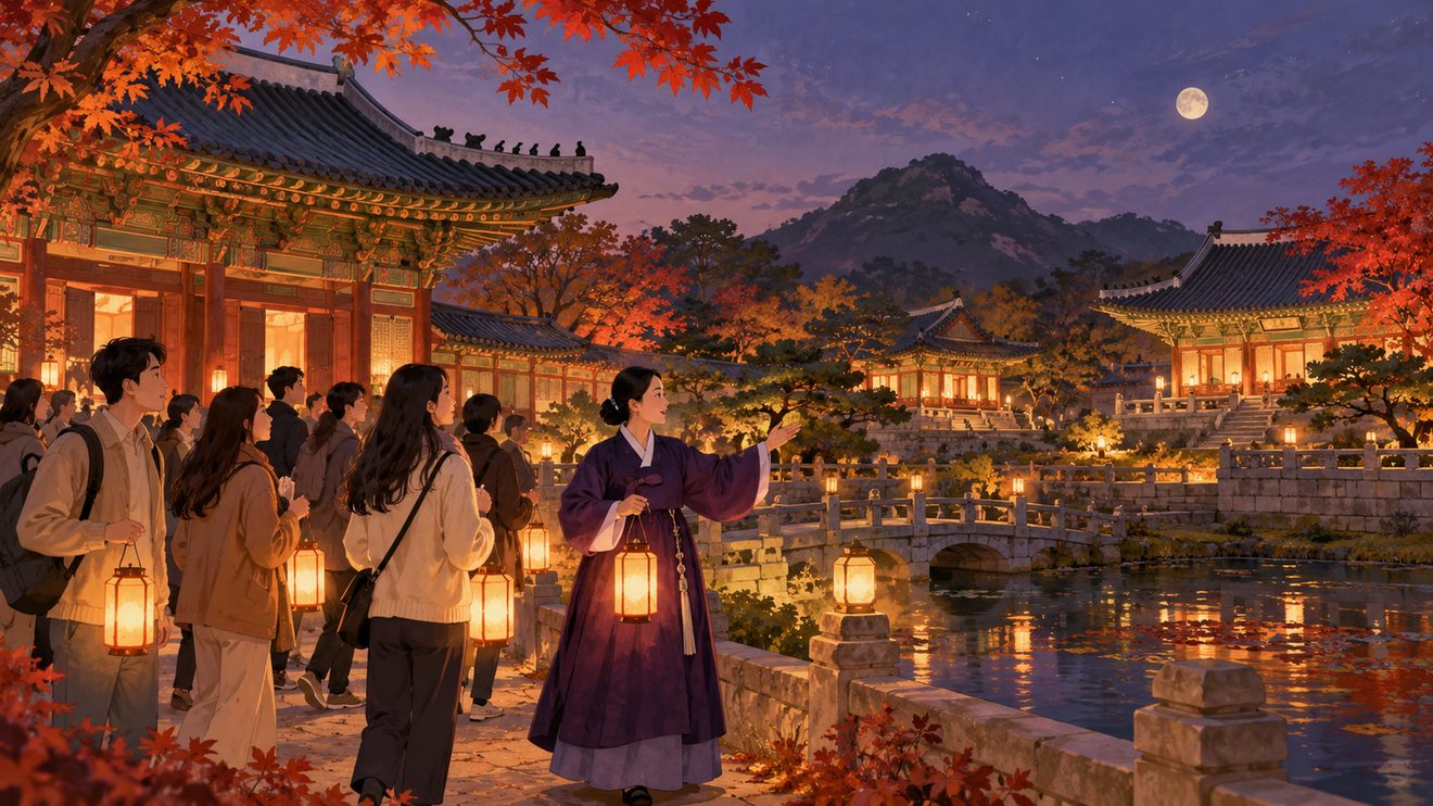 해설사와 함께 밤의 궁궐을 탐방하는 동궐동락 개념 삽화