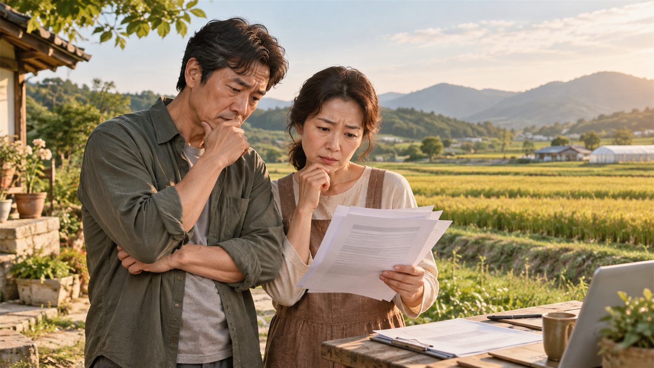 상속받은 농지의 처분 여부를 걱정하는 가족을 나타낸 개념 삽화