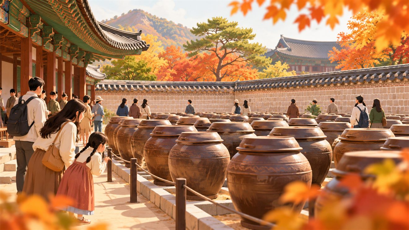 경복궁 장고의 장독대를 관람객이 둘러보는 개념 삽화